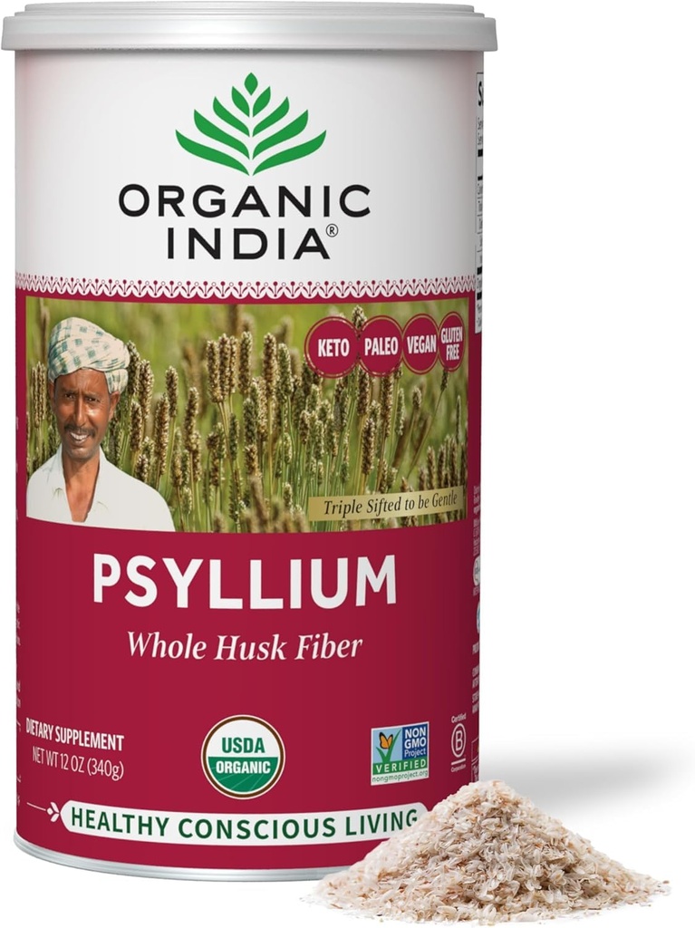 ORGANIC INDIA Hele Psyllium Husk Powder Organic - Psyllium Husk Fiber Supplement, Digestionsstøtte, Vegansk, Glutenfri, Ikke-GMO, Oppløselig & Uoppløselig Fiber Kilde - 12 oz (Pack of 1)