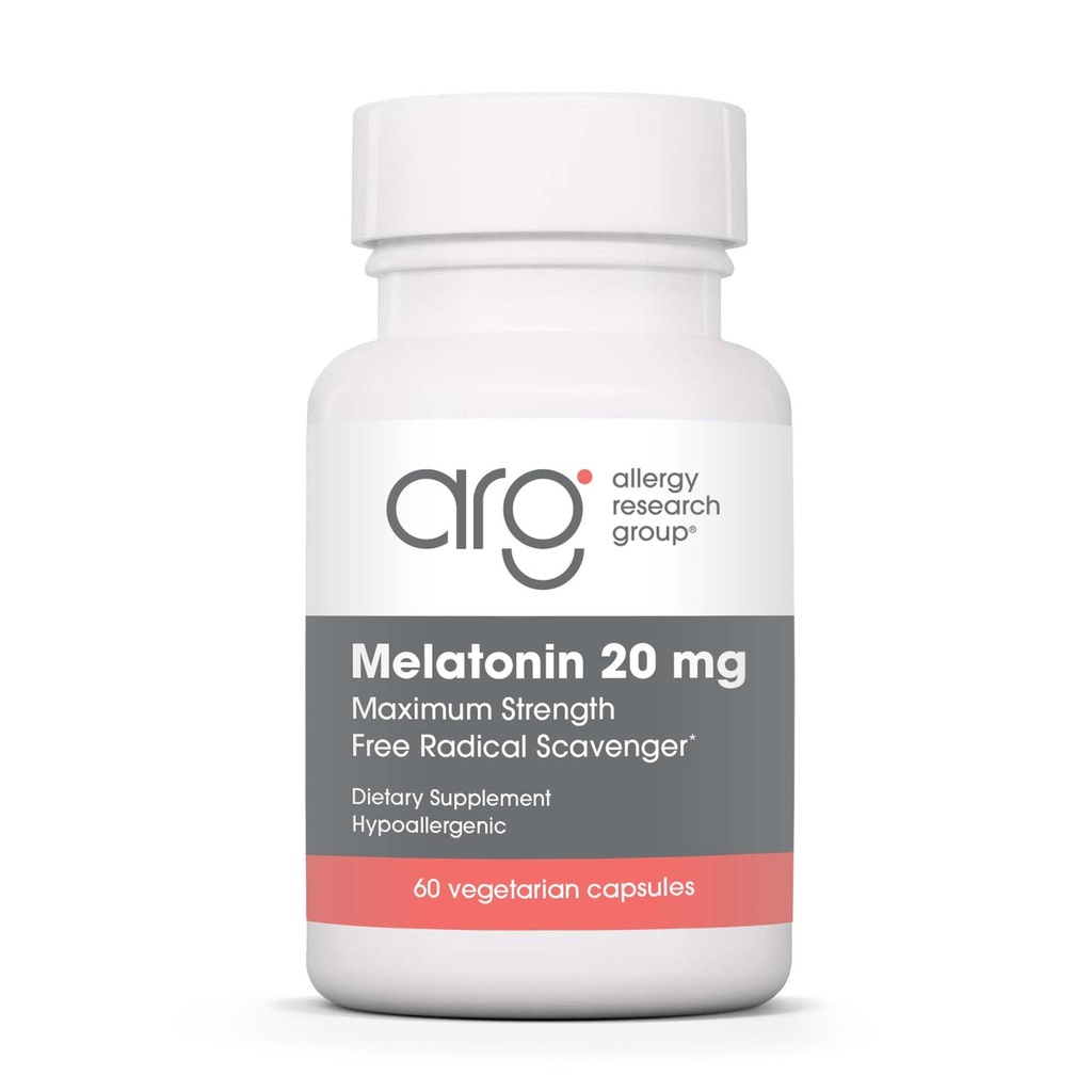 Allergi Forskningsgruppe Melatonin 20mg - ren melatonin, Ekstra styrke for voksne, søvnhjelp, høy dose, vegetariske kapsler - 60 greve