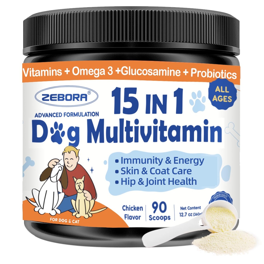 ZEBORA Hund Multivitamin pulver med glukosamin, hundevitaminer og kosttilskudd for immunstøtte, hud og Coat Supplement med Omega 3 for Allergy Relief, Probiotika for Digestive & Gut Health