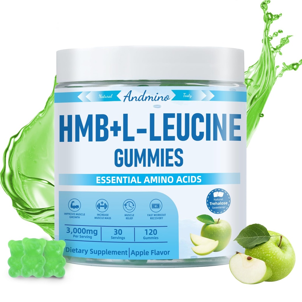 HMB og L-Leucine Gummies, 3000 mg, med Trehalose, for muskelvekst, muskel relief og treningsgjenvinning, for voksne & eldre, ikke-GMO, Vegan, Glutenfri, Apple Flavor, 120