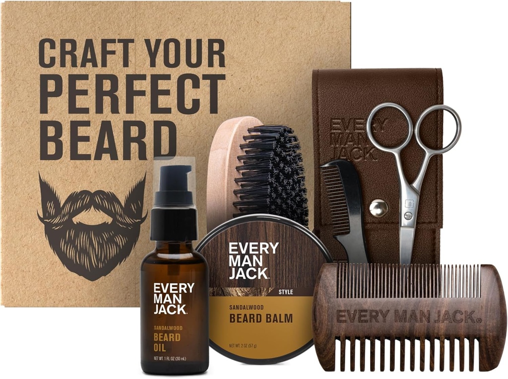 Hver mann Jack Beard Grooming Kit for menn - Inkluderer Sandalwood Beard Oil & Beard Balm, Skjeggbørste, Tre dobbeltsidig Comb, Trimming Scissors og Mustache Comb