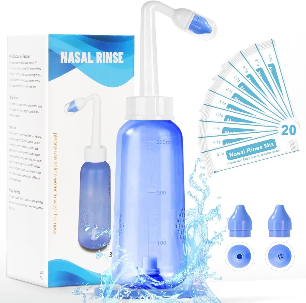 Neti Pot Sinus renseflaske - Gentle Nasal Vaskeflaske Nese Renser for effektivt trykk Irrigatio 300 ML med 20 Nasal Vaske salt pakker