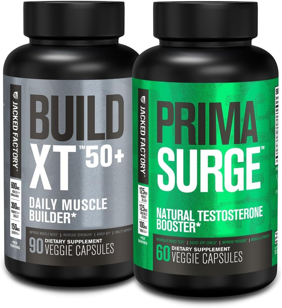 Jacked Factory Build XT 50+ Daglig muskelbygger (90 kapsler) PRIMASURGE Testosteron Booster for menn (60 kapsler) for vitalitet, muskelvekst og energi