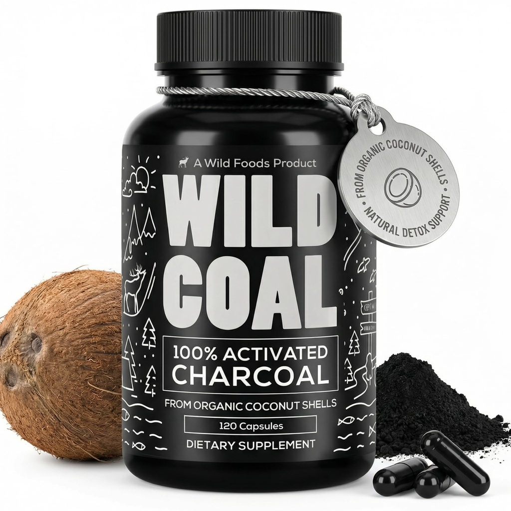 Wild Foods Aktivert Charcoal Capsules | 100% økologisk kokosnøtt skaller aktive tabletter for blooting & Hangover | Lab testet & ikke-GMO Detox piller | laget i USA (120 kapsler)