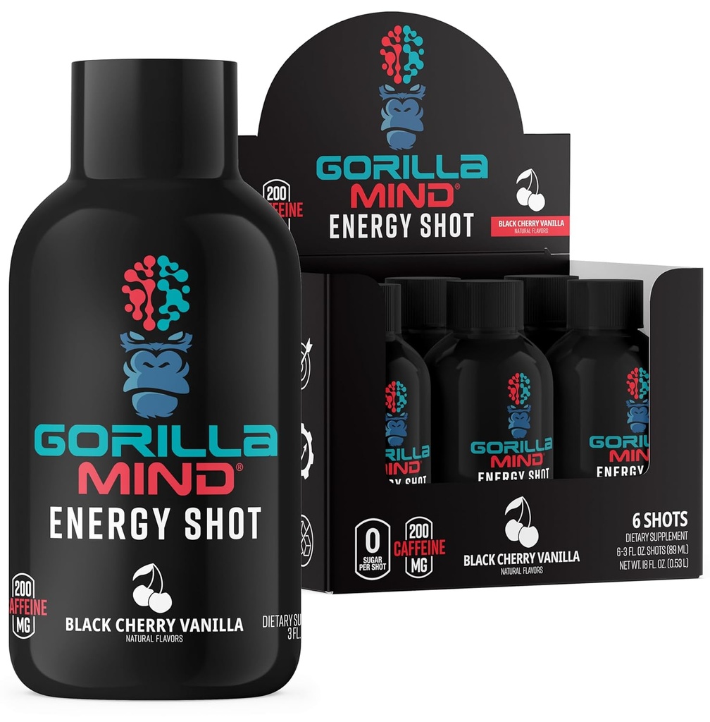 Gorilla Mind Energy Shots (Pack of 6) - Forbedret fokus & energi, Sukkerfri, Fast-Active, Potent Formula med vitaminer og naturlige ekstrakter (Black Cherry Vanilla)