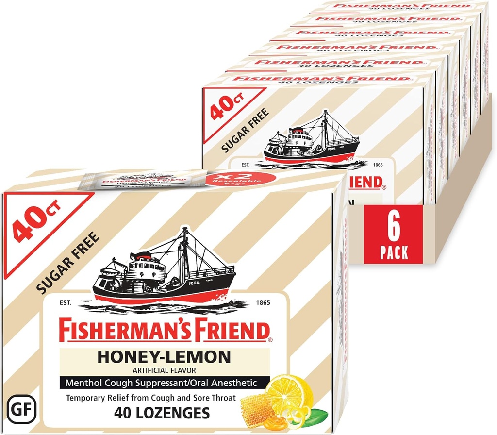 Fisherman 's Venn Cough Drops, Cough Suppressant og Sore Throat Lozenges, Sugar Free Honning-Lemon, 5.52mg Menthol, 240 Drops (6 Pakker med 40)