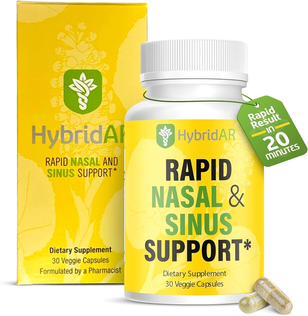 HybridAR Rapid Sinus Relief og ro - Raskt fungerende ikke-Drowsy Sinus Support and Medicine - naturlige decongestants for voksne med antihistaminer, Quercetin og Butterbur for allergier - 30 kapsler