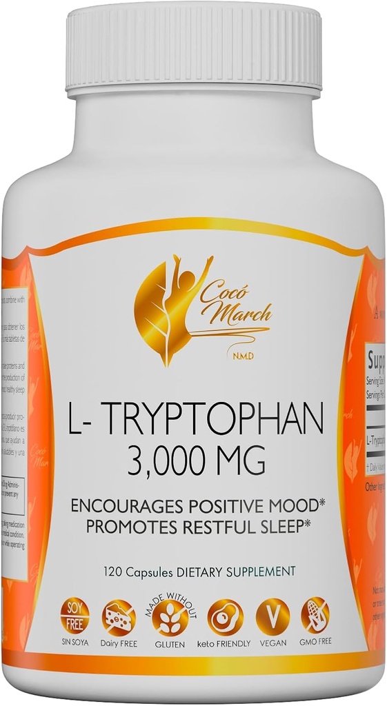Cocó March N.M.D L-Tryptofan søvnhjelp 500 mg, Glutenfri, Vegansk, GMO Gratis, Smakfri, Ketovennlig, Soya Gratis - 30 Services