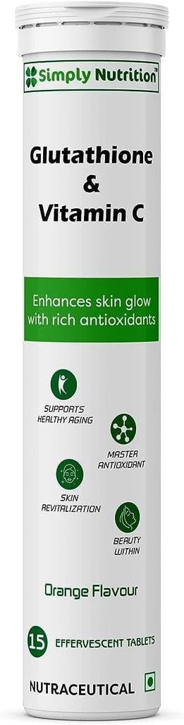 Glutathion med vitamin C, for sunn og ungdommelig hud - Evens hudtone for menn og kvinner. Sukkerfri, oransje smak, 15 effervescent tabletter (pakke med 1)
