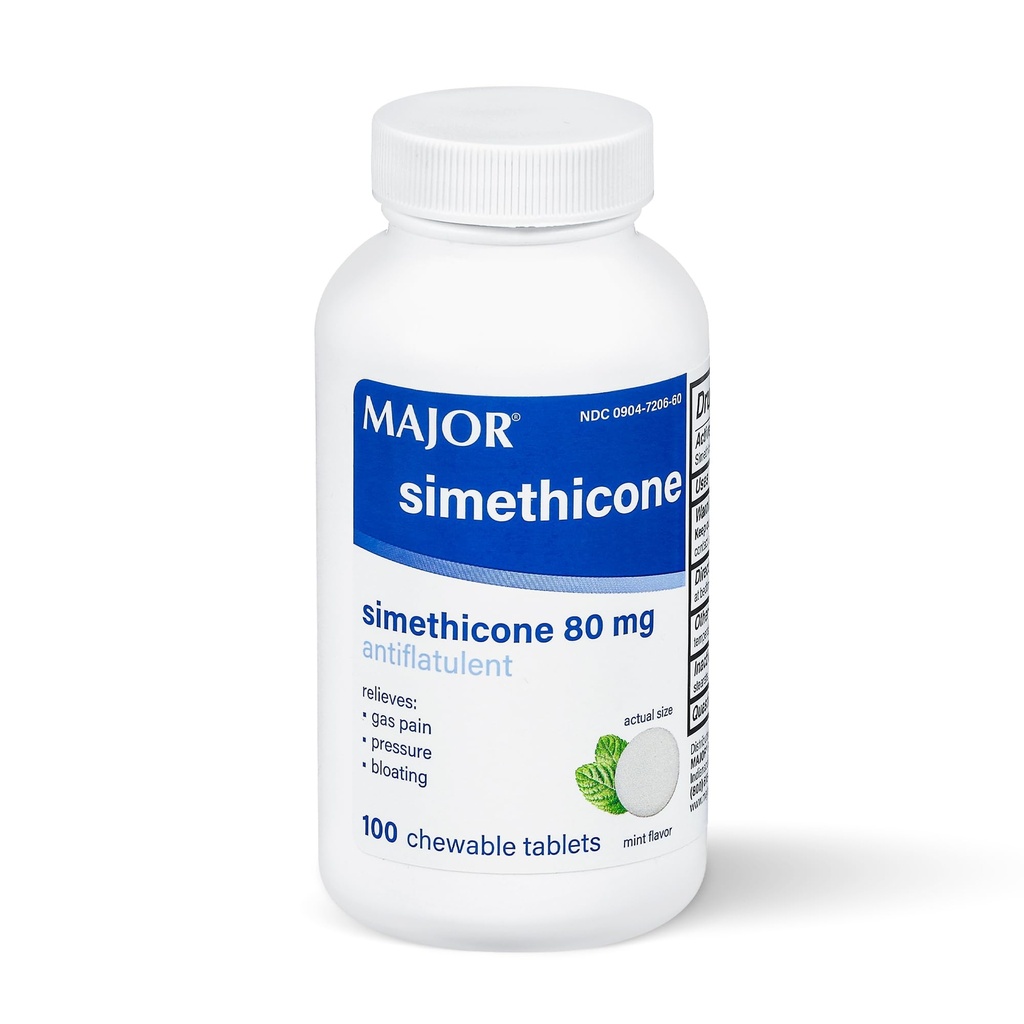 MAJOR simetikon gass relief 80 mg - Anti flatulens, bloating og gass trykkhjelp - 100 Chewable tabletter (1 pakke)