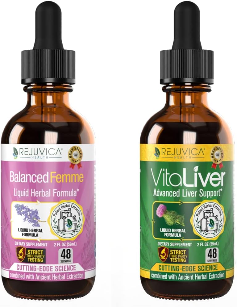 Rejuvica Health Balanced Femme + VitaLiver - Støtte Kvinnebalanse + Liver Support- Liquid Levering for bedre absorpsjon - Melk Thistle, Dong Quai, Artichoke, Maca, Dandelion og mer!