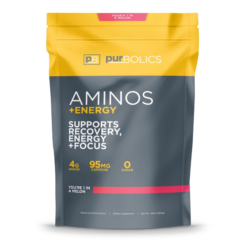 Purbolics Aminos + Energi | Støtter utvinning, energi og fokus | 95 mg koffein, 0 sukker og 60 serveringer (Du er 1 i En Melon)