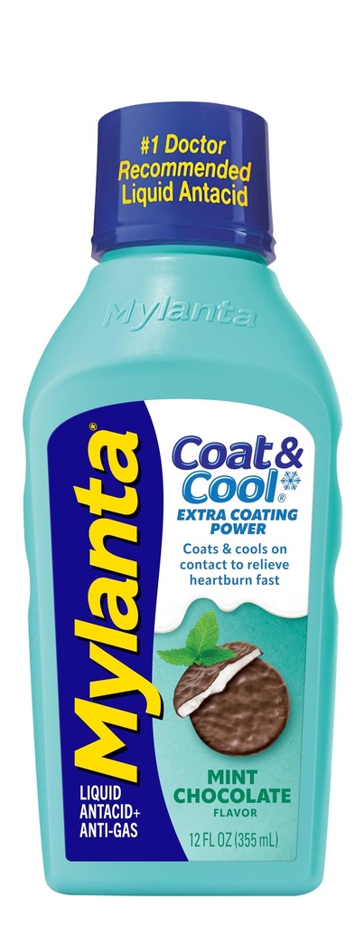 Mylanta Heartburn og gass relief, flytende antacid, coat & kul formel, mint sjokoladeflavor, 12 Fl Oz