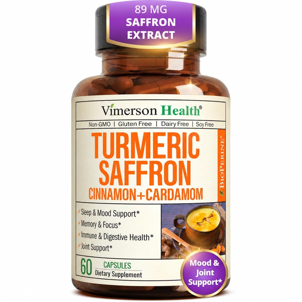 Saffron Supplements – 89mg Saffron Ekstrakt og 1000mg Tumeric Blend – Turmeric Supplement med ceylon kanel og kardemom for humør, minne og øye helse – Felles kosttilskudd for kvinner og menn – 60 greve