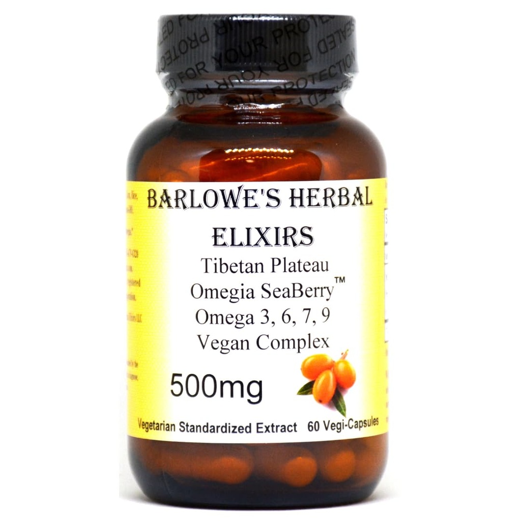Barlowe's Herbal Elixirs Omegi SeaberryTM | Sea Buckthorn | Complete Omega 3, 6, 7, 9 fettsyrer | 500 mg per kapsel | 60 Veggie kapsler | Glassflaske | Stearate Gratis
