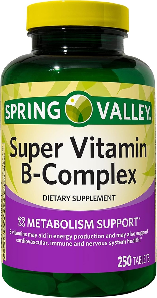 Augu Spring Valley Super Vitamin B-Complex, Metabolisme støtte, tabletter kosttilskudd, 250 telle
