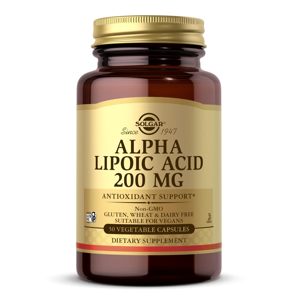 Solgar Alpha Lipoic Acid 200 mg, 50 Grønnsaker Capsules - Antioksidant Support - Hjelper til å resirkulere Glutation, vitamin C & E, CoQ-10 - Ikke-GMO, Vegan, Glutenfri, Dairy Free, Kosher - 50 Serveringer