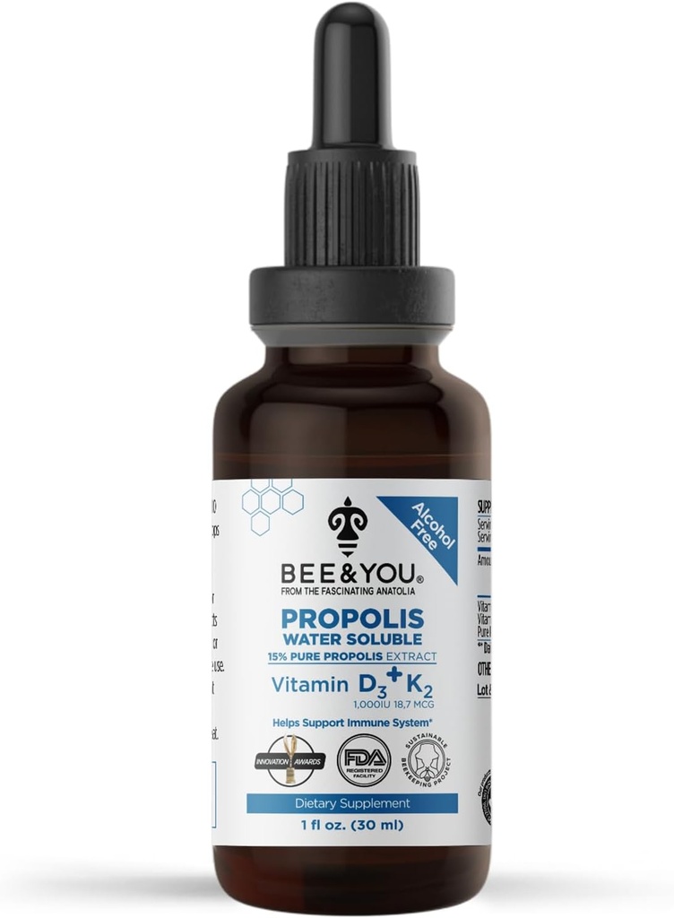 BE og du flytende propolis ekstrakt, vannløselig, vitaminer D3 + K2, høy styrke, immunstøtte supplement, Sore Throat Relief, Antioksidanter, Keto, Paleo, Glutenfri, 1 Fl Oz (1 pakke)