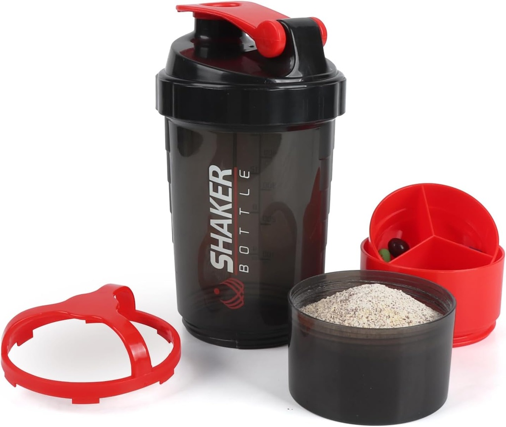 Shaker Flaske,16oz Protein Shaker Flasker med blandings ball, 3 i 1 Leak-sikker GYM Shake Cup med pulver lagring & pille skuffe, ideell for trening, BPA gratis(rød)
