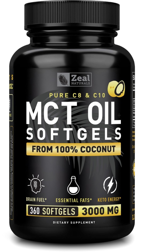 Ren MCT oljekapsler (360 Softgels | 3000mg) 4 måneders forsyning Keto piller w uraffinert kokos - C10 & C8 Brain brensel, energi, oktane ketose