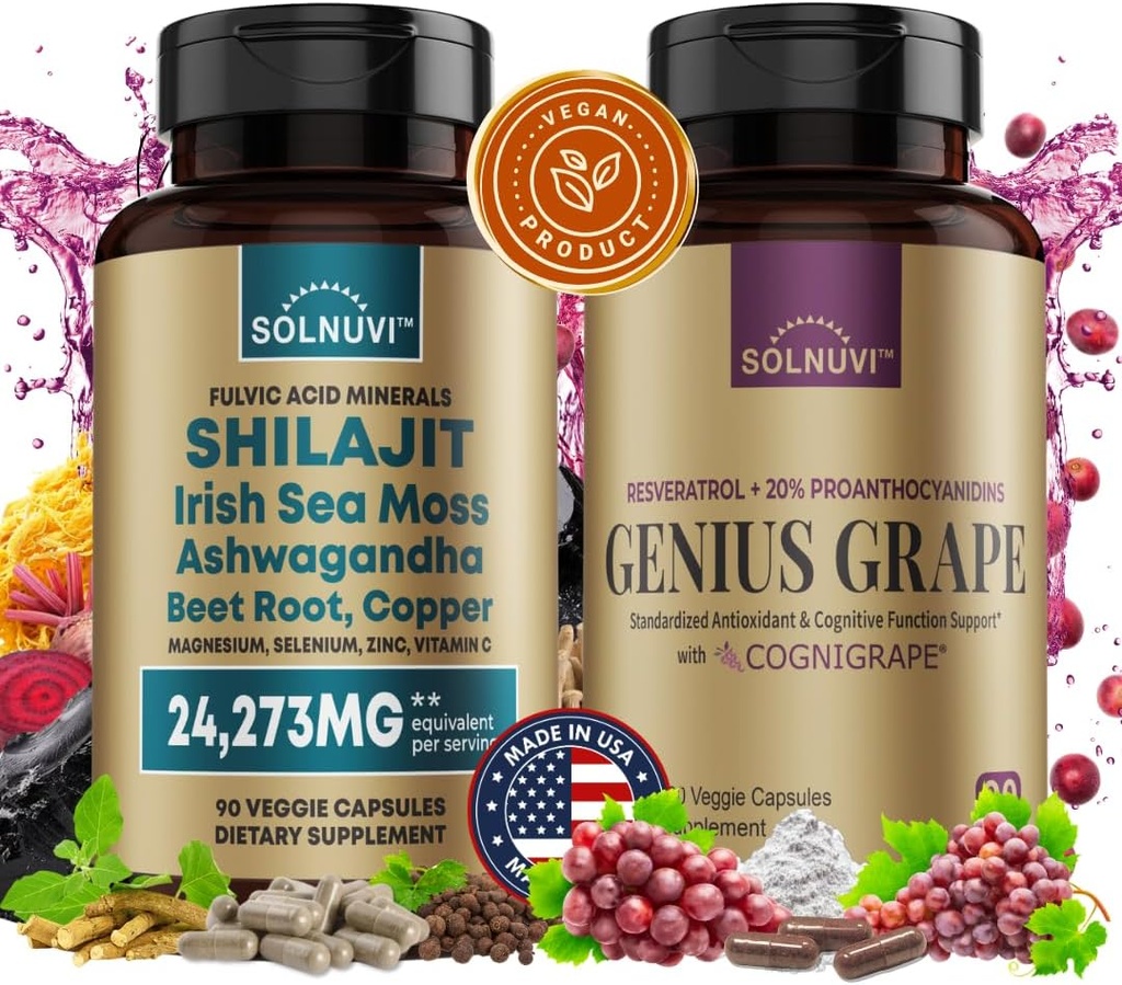 Kognitiv velvære Bundle - Resveratrol Complex & Shilajit Fulvic Acid Minerals - Sea Moss, Ashwagandha, klinisk testet Cognigrape Rød Grape ekstrakt - Ikke-GMO, Glutenfri, Vegansk Supplement