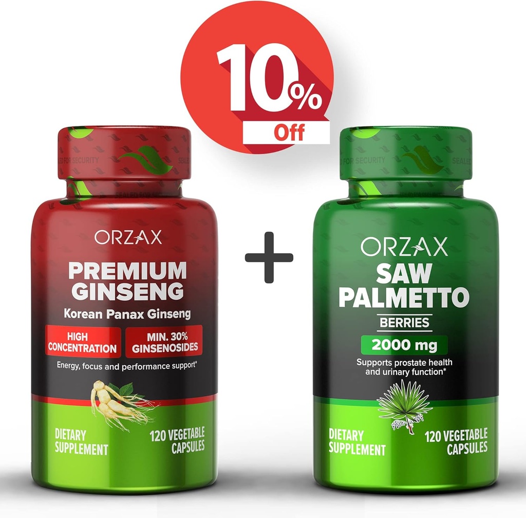 ORZAX Ginseng, 30% Ginsenosides 120 Vegatable kapsler og Sag Palmetto 2000 mg 120 Grønnsaker Kapsler, Bundle