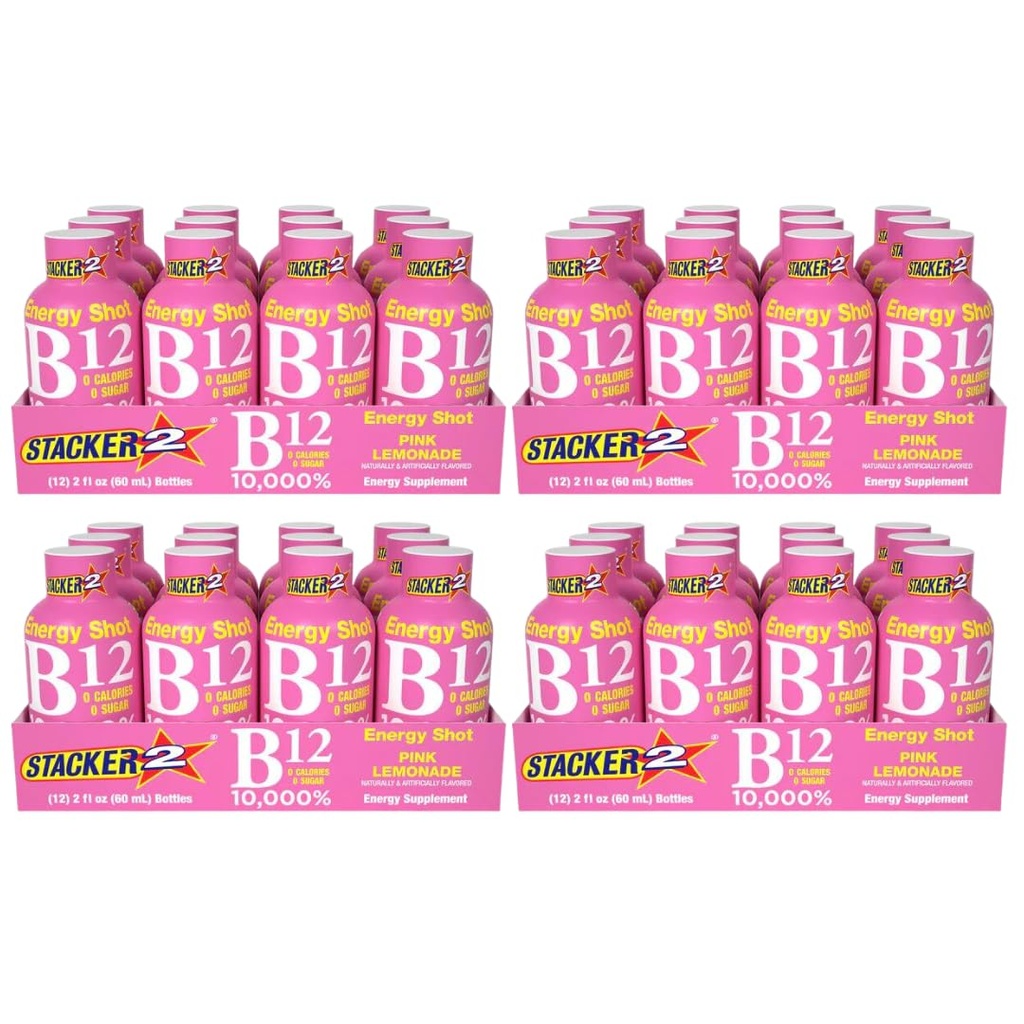 Stacker 2 Rosa Lemonade B12 Energi Shot, 2oz (pakke av 48)