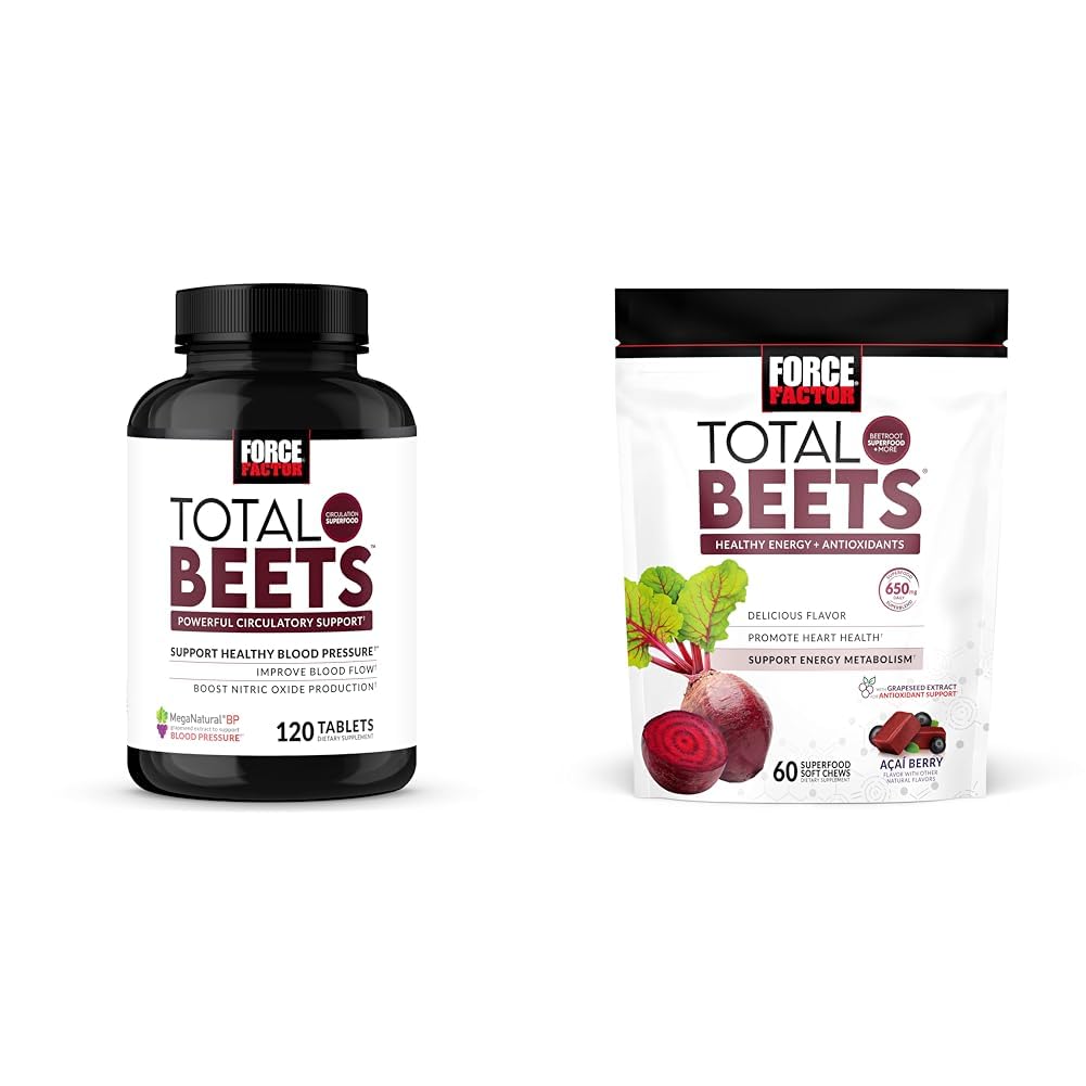 Force Factor Blood Pressure & Total Beets Chews Nitric Oxid Cardiovaskulær støtte Grapefrø Antioksidanter 120 Antall og 60 Chews