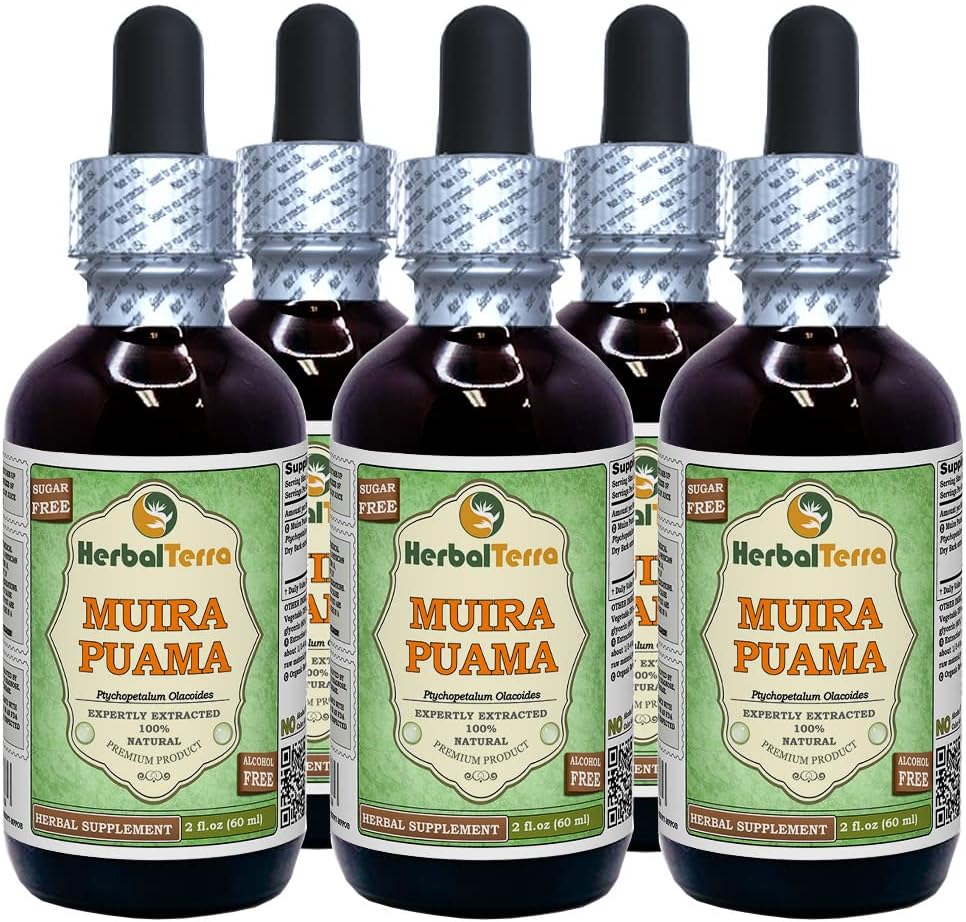 Muira Puama (Ptychopetalum Olacoides) Glyceritt, organisk alkoholfri flytende ekstrakt (merkenavn: HerbalTerra, stolt laget i USA) 5x2 fl.oz (5x60 ml)