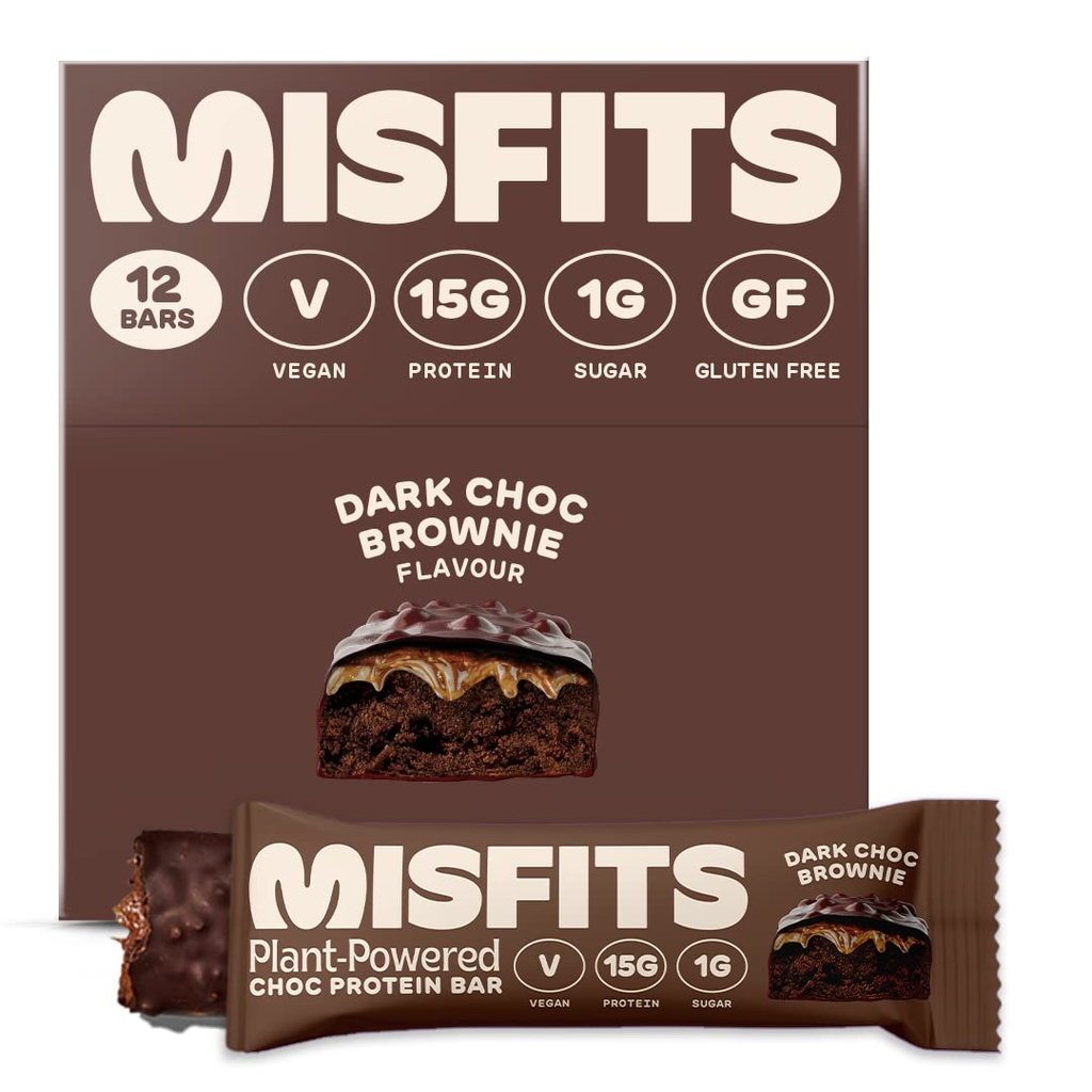Misfits Vegansk Protein Bars, Mørk Sjokolade Brownie - Opprinnelig Oppskrift | Glutenfri, Plant Basert, Lav Sukker & Carb, Høy Fiber Snacks | Pakke med 12