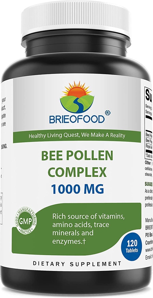 Brieodood Bee Pollen Complex 1000 mg 120 tabletter - laget med Bee Pollen, Bee Propolis, & Royal Jelly pulver