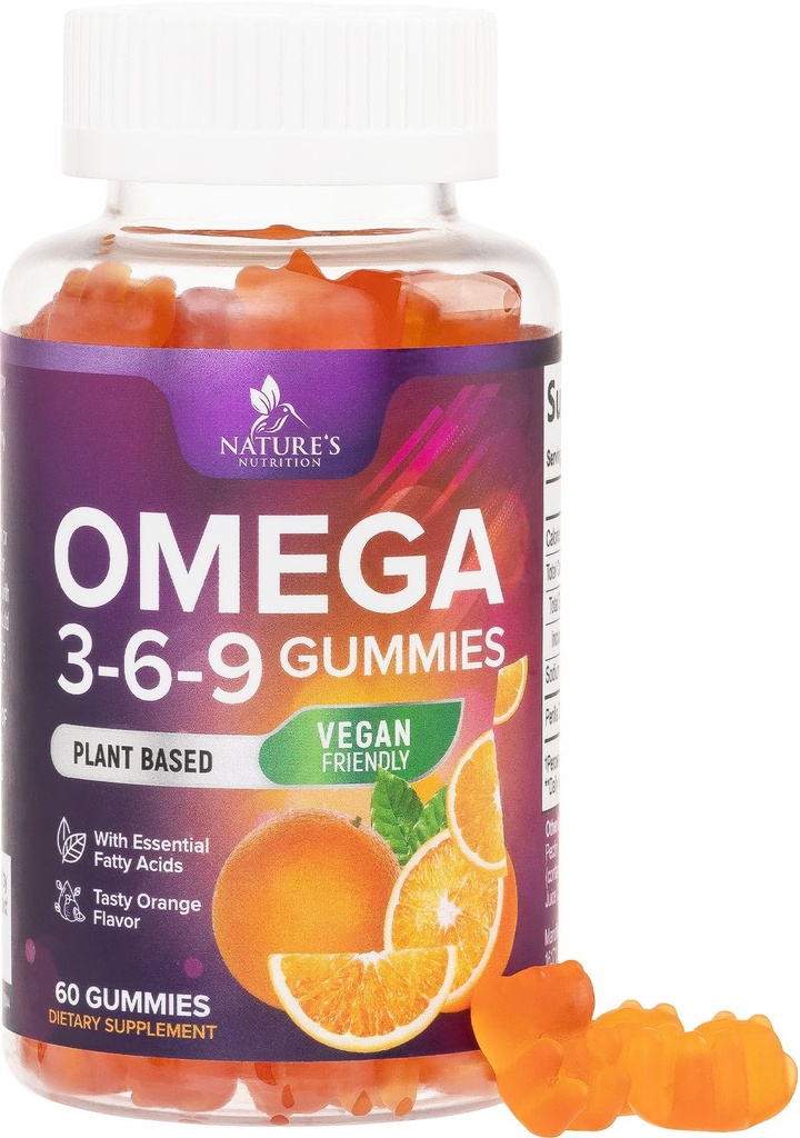 Omega 3 6 9 Gummies - Vegansk Omega 3 Supplement Gummy - essensielle fettsyrer olje 369 kompleks hjerte støtte og hjerne støtte for kvinner, menn og graviditet, fisk gratis ikke-GMO, oransje flavored - 60 Gummies