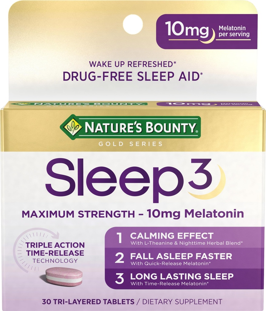 Naturens Bounty Melatonin, søvn3 Maksimum styrke 100% Drug Free Sleep Aid, L-Theanine & Nighttime Herbal Blande tid frigjøring teknologi, 10mg, 30 Tri-Layered Tabletter