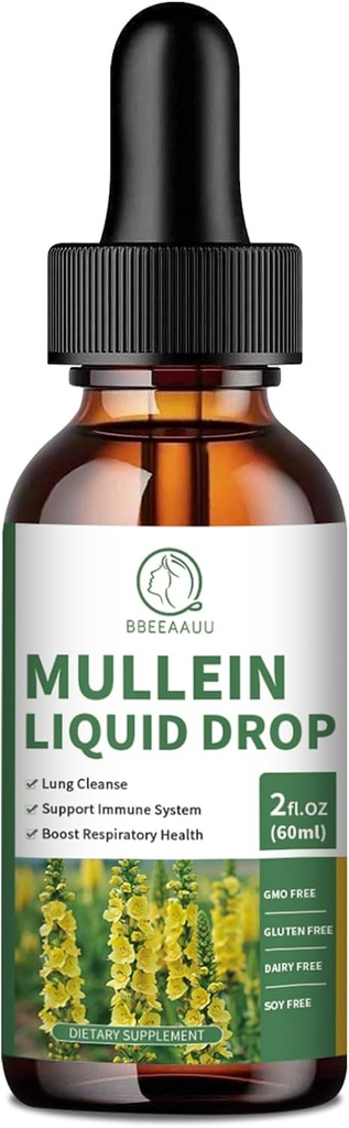 Mullein Drops for Lungs, Mullein Leaf Ekstrakt 1000MG for respirasjon, immun & Digestion Support, med Quercetin, Marshmallow, Elderberry, Black Cumin Seed, Bromelain, Non-GMO, Vegan, 2 Fl Oz