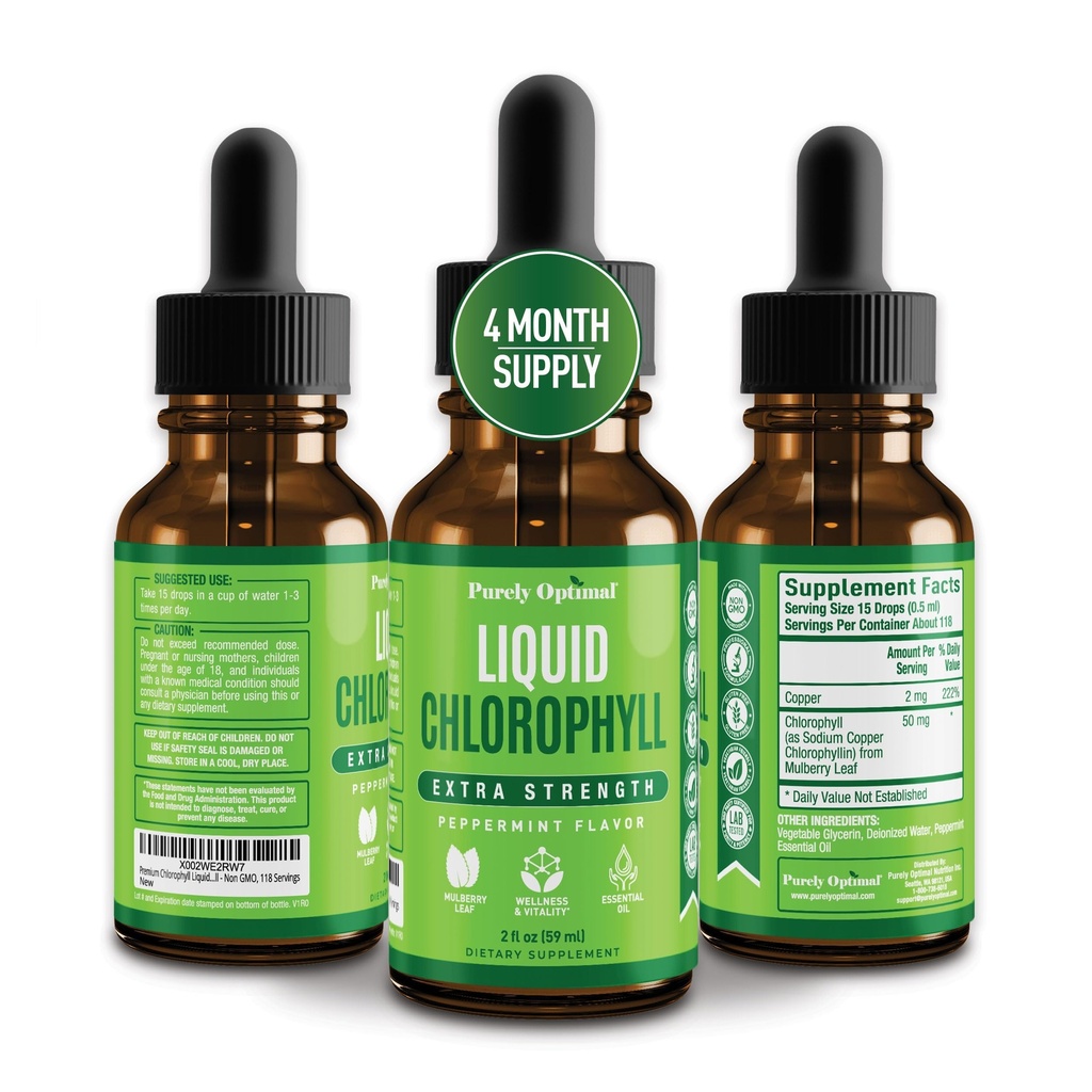 Premium Klorophylle flytende dråper - 100% naturlig og glutenfri flytende klorofyll - ikke GMO, 118 Services