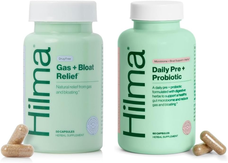 Hilma Sunn Gut & Bloat Support Bundle - Gas & Bloat Relief (50 veganske kapsler) med sitron Balm, Fennel & Peppermint Leaf + daglig Pre & Probiotic med urter (60 vegansk kapsler) for en sunn Gut