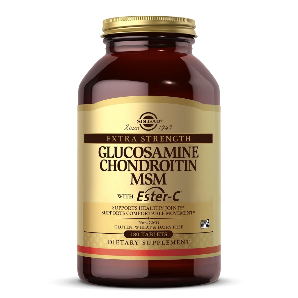 Solgar Extra Styrke Glukosamine Chondroitin MSM w/ Ester-C, 180 tabletter - Fremmer sunne ledder, støtter behagelig bevegelse og kollagenformasjon - Ikke-GMO, Gluten No, Dairy No - 60 Services