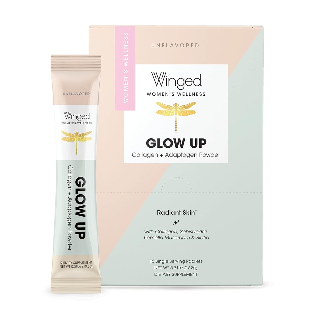 Winged Glow Up Collagen pulver | Bedre hår, hud, negler for kvinner | Grass Fed Collagen Peptides W/Adaptogen Schisandra, Snow Mushroom, Vitamin C & Biotin | Unflavored, Non Gmo, 15 greve