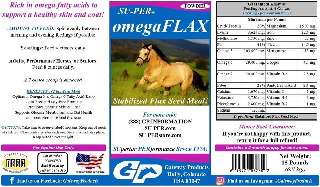 SU-PER OmegaFLAX Flax for hester - Premium Stabilisert Flax Seed Meal & Omega 3 Supplement - støtter sunn hud og Coat - 15 pund