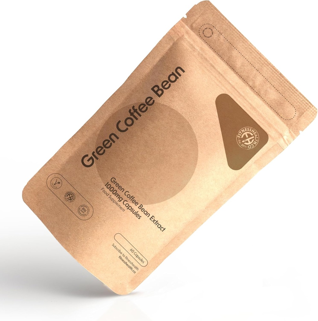 Fitness Helse Grønn Kaffebønne Kapsler 1000MG (60 kapsler) - Håndplukket og urørt Grønn Kaffebønne Ekstrakt - Grønne Kaffe Supplement - Høy styrke Grønn Kaffekapsel