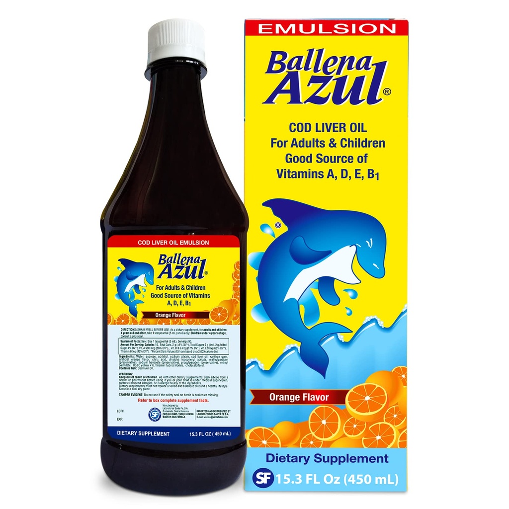 Ballena Azul Aceite de Hígado de Bacalao para Adultos y Niños, COD Liver Oil for voksne og barn, god kilde til vitaminer A,D,E, B1, Diett Supplement, Omega 3, Inmune System Boost (ORANGE 15 OZ)