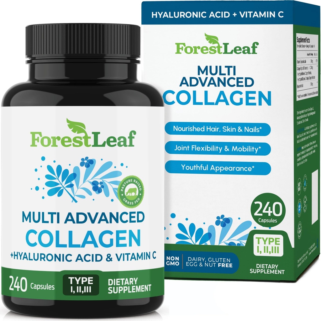 ForestLeaf Multi collagen piller - kollagen menn og collagen kvinner - Hydrolysert kollagen kosttilskudd med vitamin C & Hyaluronsyre - kollagenkapsler for hår, hud og negler (240 Peptidkapsler)