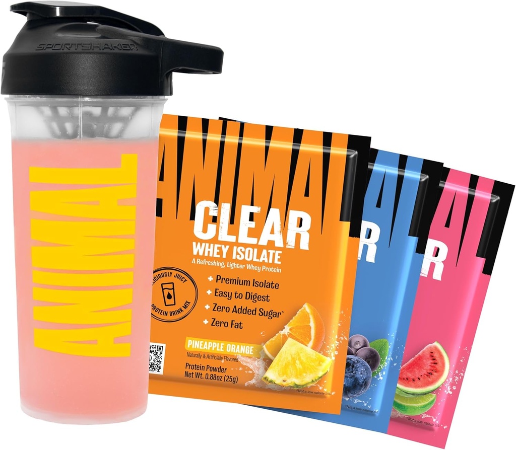 Animal Clear Whey Protein Isolere Sampler Pack & Shaker Flaske - Deliciously Juicy 20g Protein, Vannmelon Limeade, Blåbær Acai, Pineapple Orange, 3 enkeltservingspakker