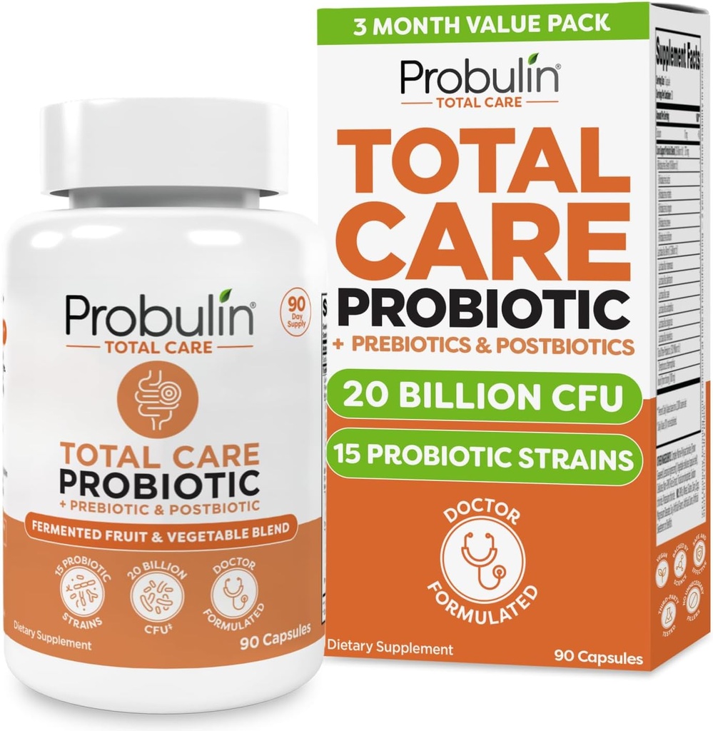 Probulin Total Care Probiotic Supplement, daglig Gut, Digestive og immune helse Probiotika Kapsler for menn og kvinner, 20 milliarder CFU, Vegan, 90 greve flaske