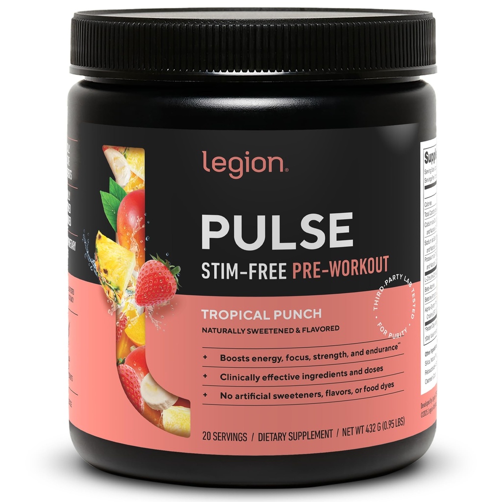 LEGION Pulse Pre Workout Supplement - Alt naturlig nitric oksid preworkout drikk for å øke energi, kreatinfri, naturlig søtet, Beta Alanine, Citrullin, Alpha GPC (kaffein gratis Tropical Punch)