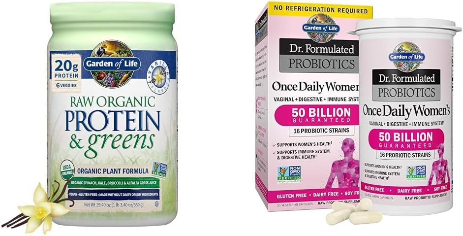 Livshage Rå organisk protein & grønn Vanilla - Vegansk protein pulver for kvinner & Dr. Formulert Kvinners probiotika En gang daglig, 16 Strains, 50 milliarder, 30 greve