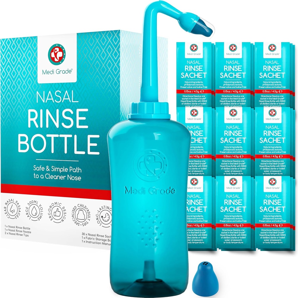 Medi Grade Sinus Rinse Flaske, 500 ml med 30 Sinus Rinse Packets - Komplet Nasal Irrigation System - Neti Pot Nese Cleaner - Nasal Vaskesett for hjem eller reise - 2 Nasal Rinse Tips og Oppbevaringspose