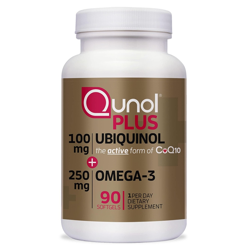 Qunol Plus Ubiquinol CoQ10 100mg med Omega 3 Fish Oil 250mg, ekstra styrke antioksidant Supplement, 90 greve