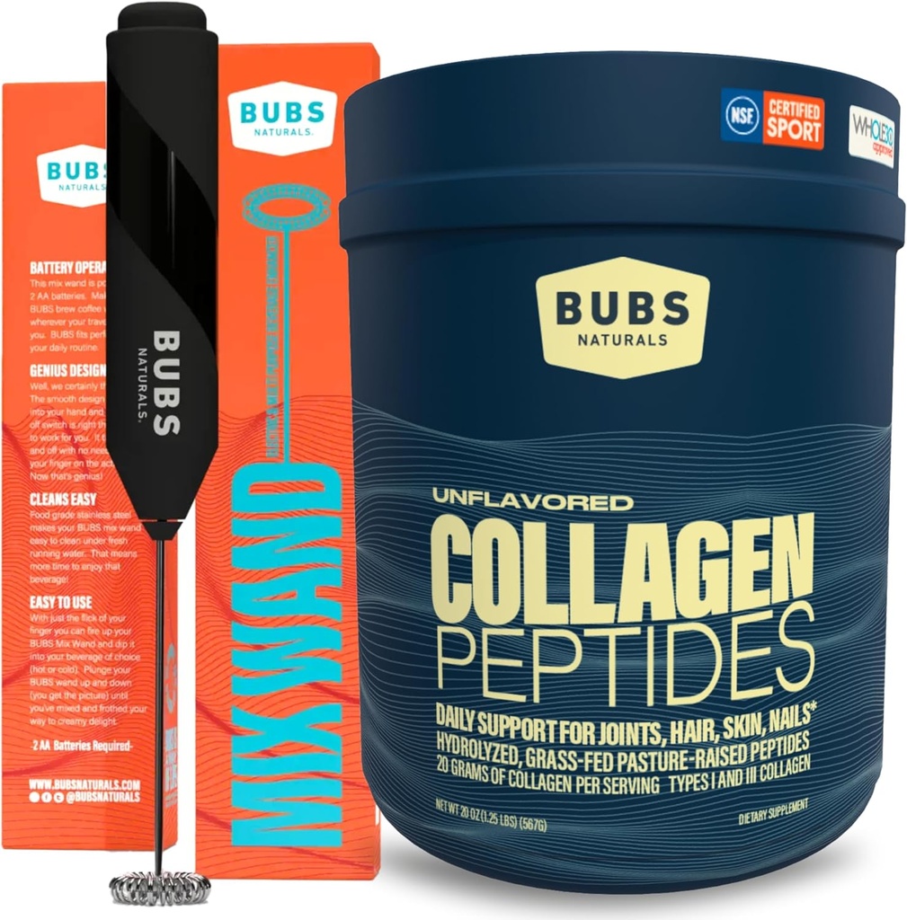 BUBS Naturals Collage Peptides pulver og blanding Wand Bundle, kollagen for kvinner og menn, Hydrolysert Peptides, Unflavored Pasture hevet Gras Fed, Keto Vennlig, 20 oz Collage Tub (28 Serveringer) +1 Wand