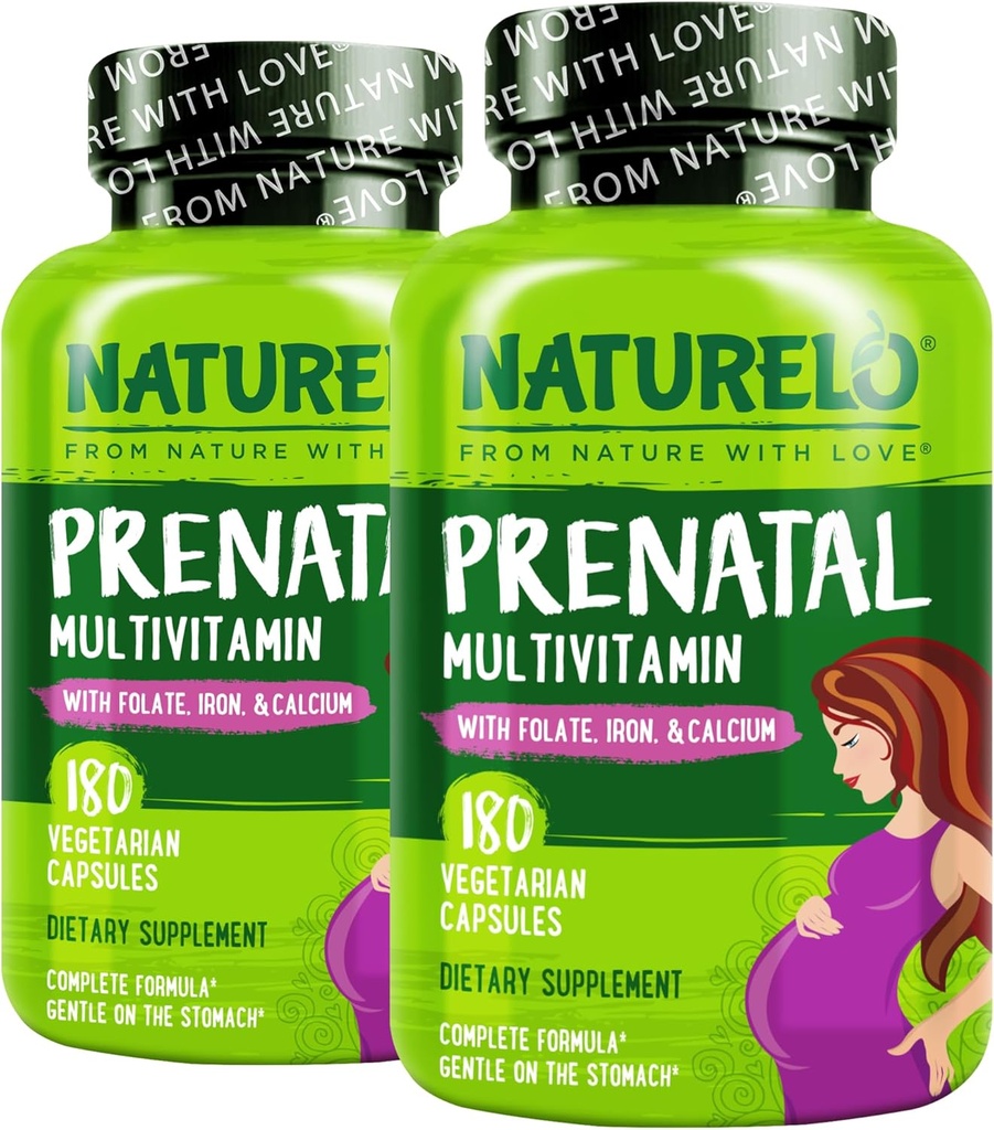 NATURELO Prenatal Multivitamin med Gentle Chelated jern, Metyl Folat, Plant Kalsium & Choline - Vegan, Vegetarisk - Ikke-GMO - Glutenfri - 180 kapsler - 4 måneders forsyning (Pack of 2)